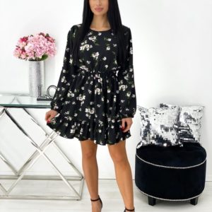 Придбати чорне жіноче квіткове плаття з рюшами і довгим рукавом (розмір 42-48) вигідно