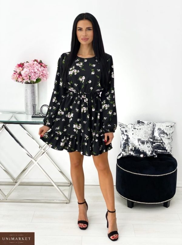 Приобрести черное женское цветочное платье с рюшами и длинным рукавом (размер 42-48) выгодно