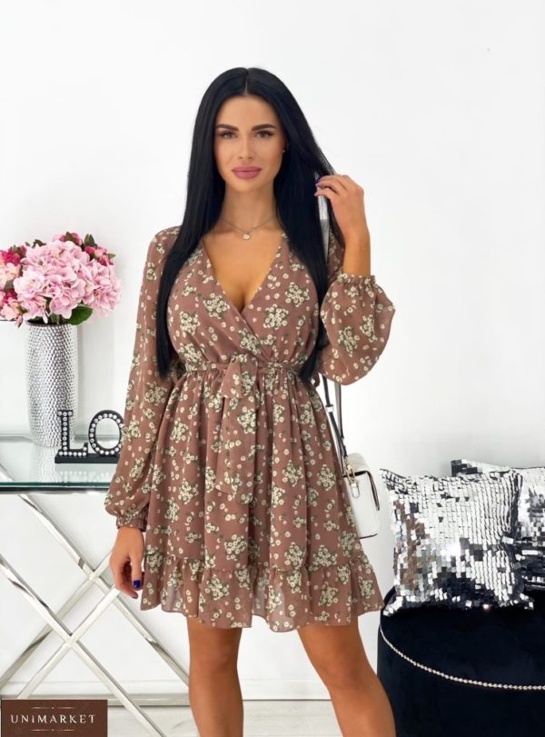 Заказать бежевое женское шифоновое платье в цветочный принт по низким ценам с декольте (размер 42-48)