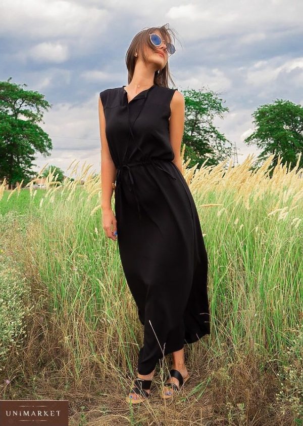 Приобрести дешево черное летнее длинное платье женское без рукавов