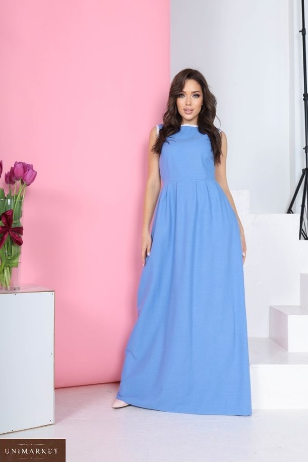 Приобрести недорого женское длинное платье из льна без рукавов голубого цвета