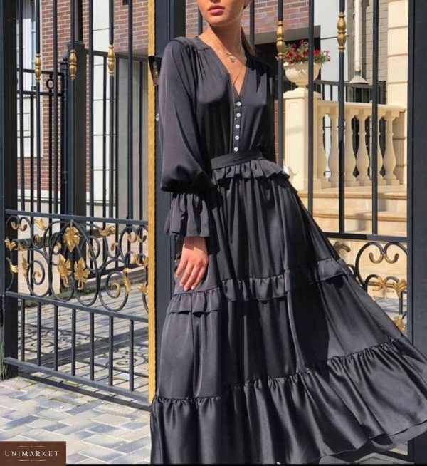 Купити недорого чорне довге плаття з рюшами для жінок