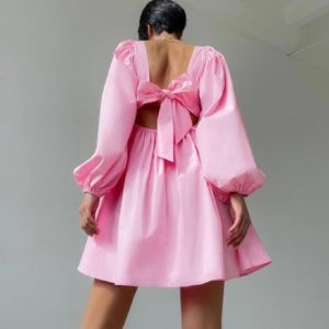 Купить в интернете женское летнее хлопковое платье с длинным рукавом розового цвета