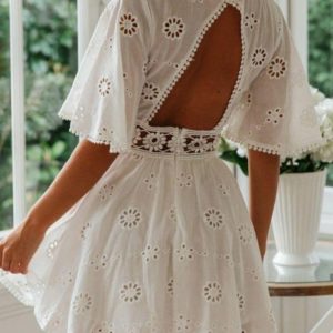 Заказать белое платье из прошвы для женщин с открытой спиной выгодно