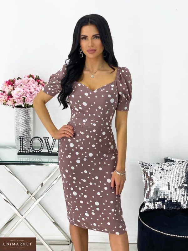 Заказать цвета кофе женское платье в горох с рукавами-фонариками (размер 42-48) по скидке