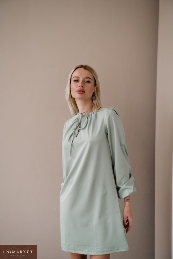 Купити кольору фісташка плаття міні з довгим рукавом з зав'язкою для жінок (розмір 42-48) дешево