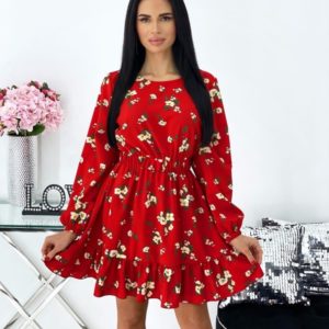 Купить по скидке красное цветочное платье с рюшами и длинным рукавом (размер 42-48) женское