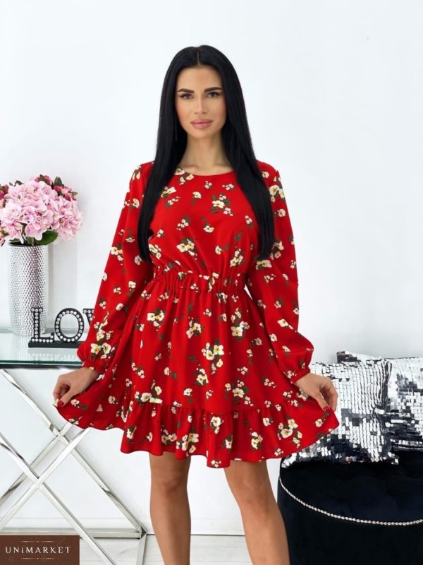 Купити зі знижкою червоне квіткове плаття з рюшами і довгим рукавом (розмір 42-48) жіноче