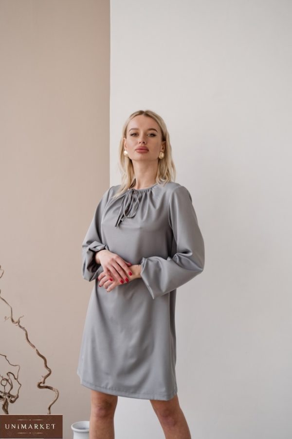 Купить женское платье серого цвета мини с длинным рукавом с завязкой (размер 42-48) по низким ценам