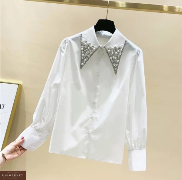 Купити білу жіночу сорочку з декором на комірі онлайн