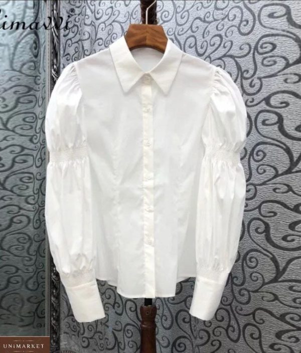 Замовити по знижці жіночу білу сорочку з довгими рукавами-колокольчікамірубашку з довгими рукавами-дзвіночками