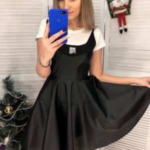 Купить женское черное кожаное платье на бретельках в Украине