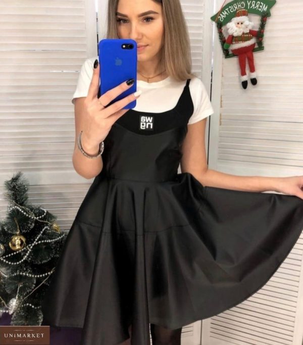 Купити жіночу чорну шкіряну сукню на бретельках в Україні
