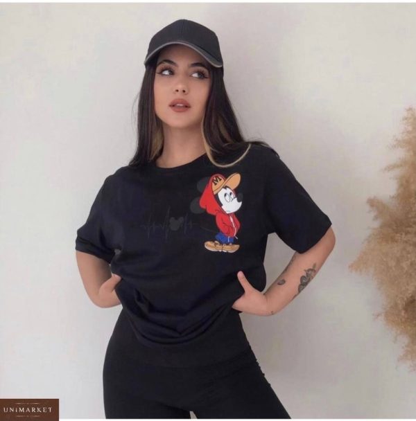 Заказать онлайн черную футболку оверсайз с Микки Маусом для женщин