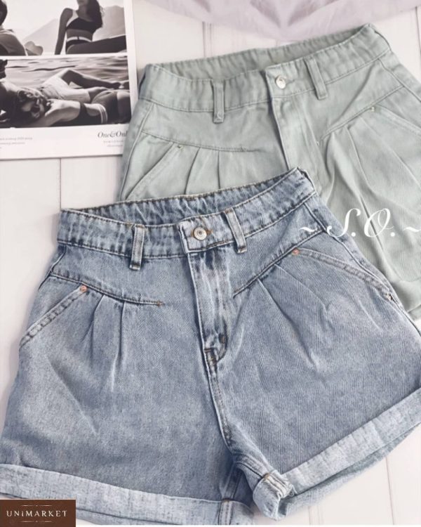 Купить для женщин голубые, мятные короткие джинсовые шорты онлайн с защипами