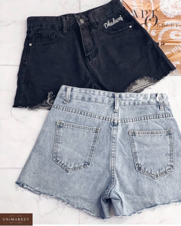Придбати чорні, голубі шорти з джинса з написом онлайн для жінок