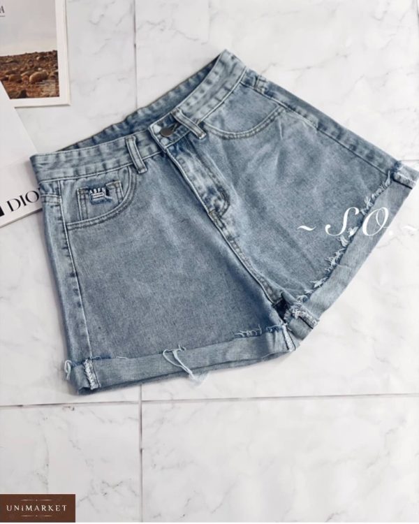 Купити онлайн жіночі джинсові шорти з вирізом на кишені блакитного кольору