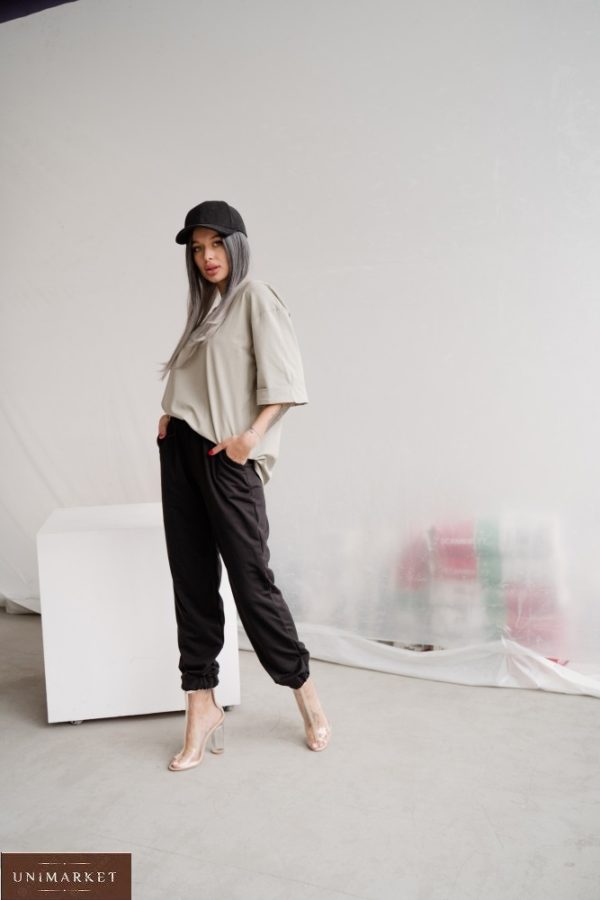 Купити в інтернеті жіночі однотонні штани з Двунитки (розмір 42-48) чорного кольору
