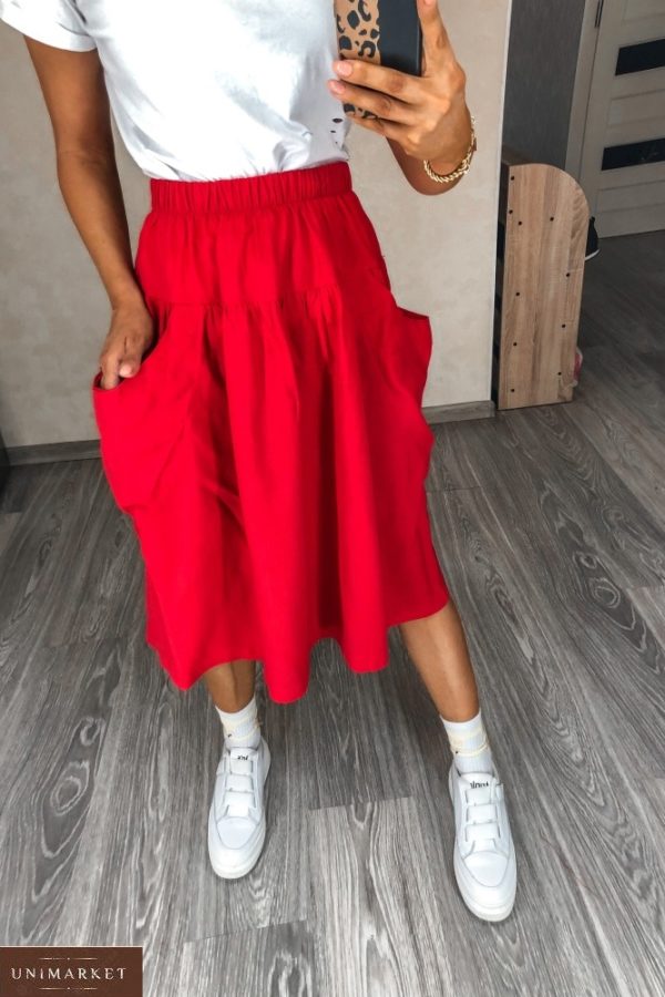 Заказать женскую льняную юбку онлайн с карманами красного цвета