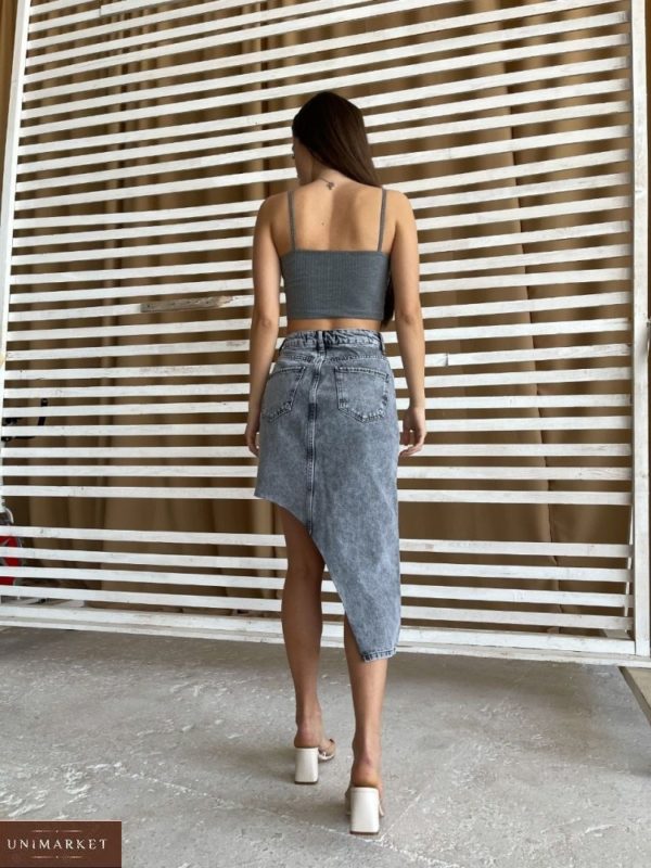 Купить в интернете женскую джинсовую юбку необычного кроя серого цвета