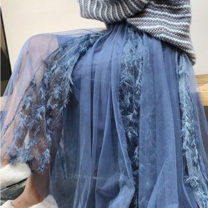 Приобрести синюю женскую юбку миди из фатина с перьями (размер 42-48) недорого
