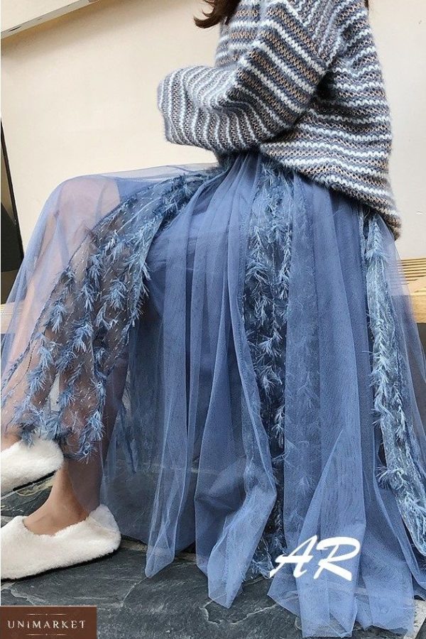 Приобрести синюю женскую юбку миди из фатина с перьями (размер 42-48) недорого