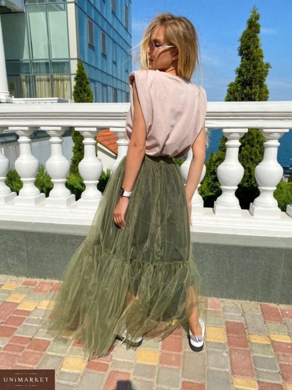 Заказать женскую цвета хаки длинную юбку из сетки в Украине
