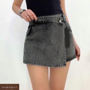 Купить серого цвета женскую джинсовую юбку-шорты на запах по низким ценам