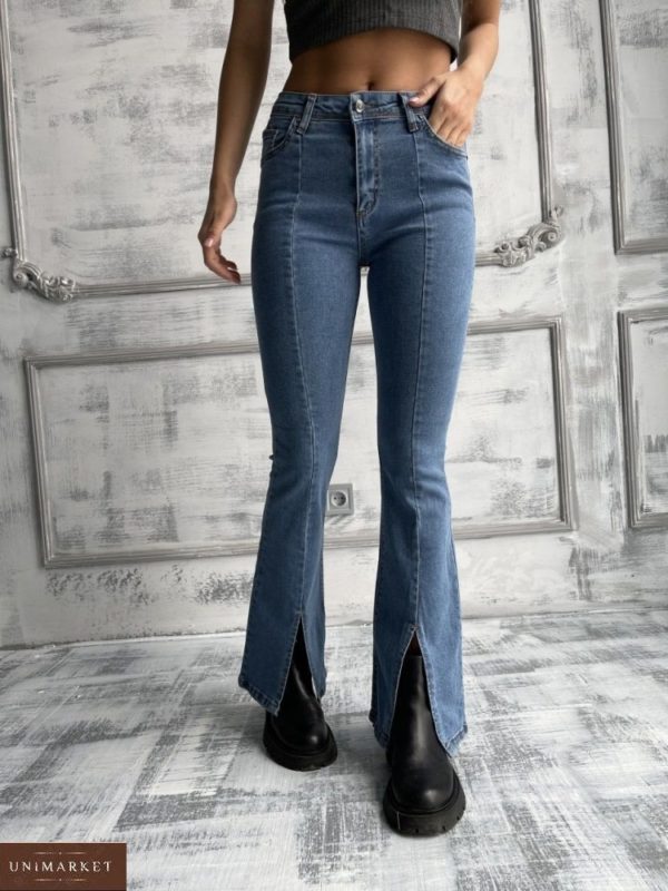 Замовити блакитні джинси кльош з розрізами для жінок в Україні