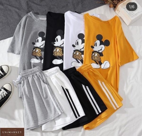 Приобрести разных цветов женский летний костюм: футболка с Микки Маусом + шорты онлайн
