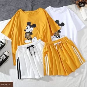 Замовити жовтий, білий жіночий літній костюм: футболка з Міккі Маусом + шорти недорого