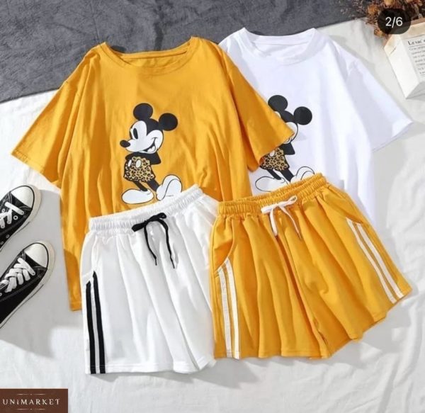 Заказать желтый, белый женский летний костюм: футболка с Микки Маусом + шорты недорого