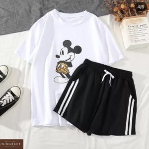 Купить черно-белый женский летний костюм: футболка с Микки Маусом + шорты в Украине