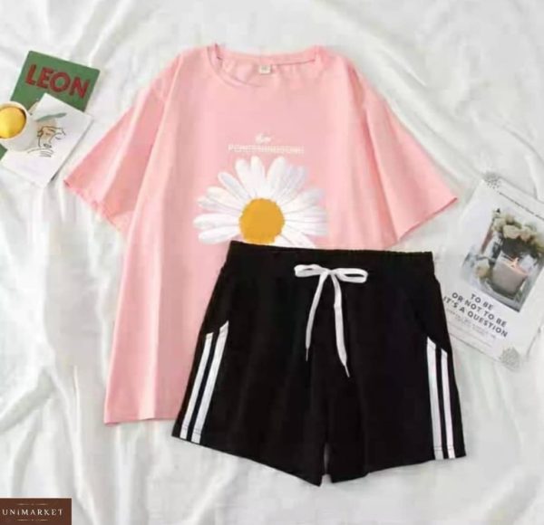 Придбати персиковий жіночий костюм з ромашкою: футболка + шорти недорого