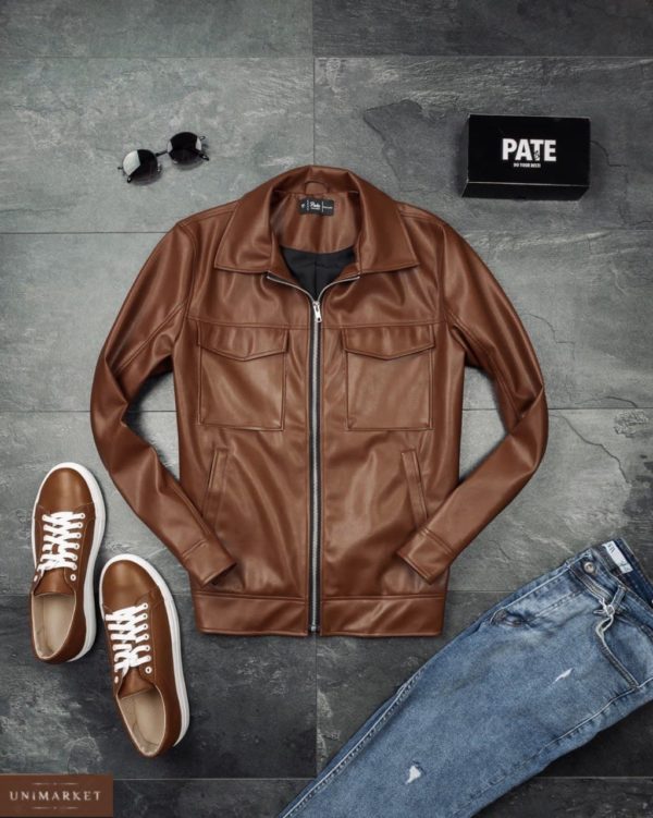 заказать мужскую кожаную куртку коричневого цвета онлайн недорого