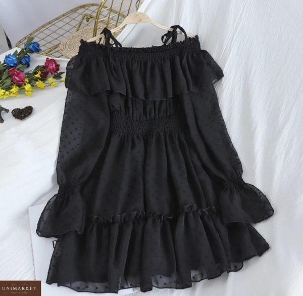 Купить дешево женское шифоновое платье с открытыми плечами и рюшами черного цвета