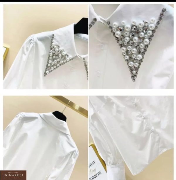 Приобрести в интернете женскую рубашку с декором на воротнике белого цвета