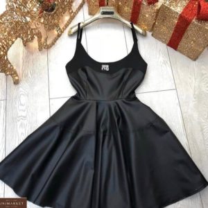 Купить черное женское кожаное платье на бретельках в интернете