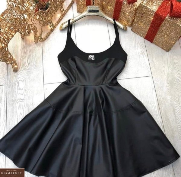 Купить черное женское кожаное платье на бретельках в интернете