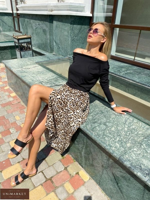 Купить леопардовую принтованную женскую юбку миди из штапеля на лето онлайн