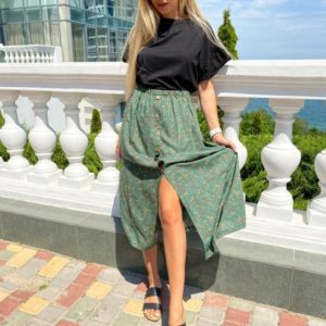 Заказать зеленую женскую принтованную юбку миди из штапеля в интернете