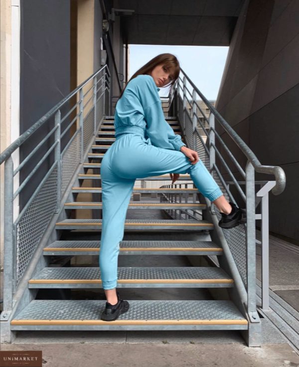заказать женский прогулочный костюм голубого цвета с кофтой и штанами по низкой цене онлайн