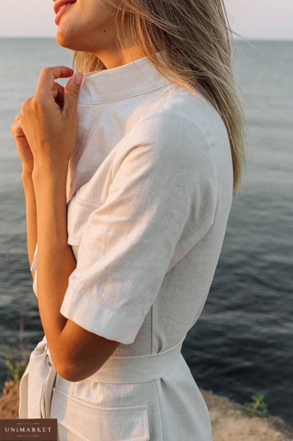 приобрести женскую рубашку с поясом из льна недорого онлайн