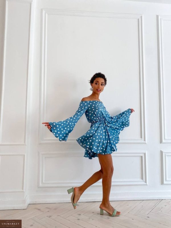 купить платье голубого цвета с открытыми плечами по летней скидке от Unimarket