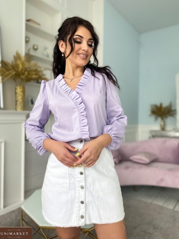 Купить лиловую женскую блузку с рюшами из хлопка (размер 42-52) по скидке