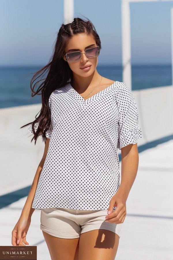 Заказать онлайн белую блузку в горошек с коротким рукавом (размер 42-56) для женщин