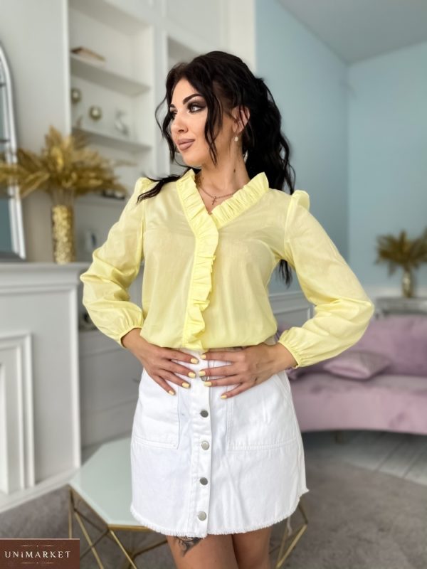 Купити лимонну жіночу блузку з рюшами з бавовни (розмір 42-52) за низькими цінами