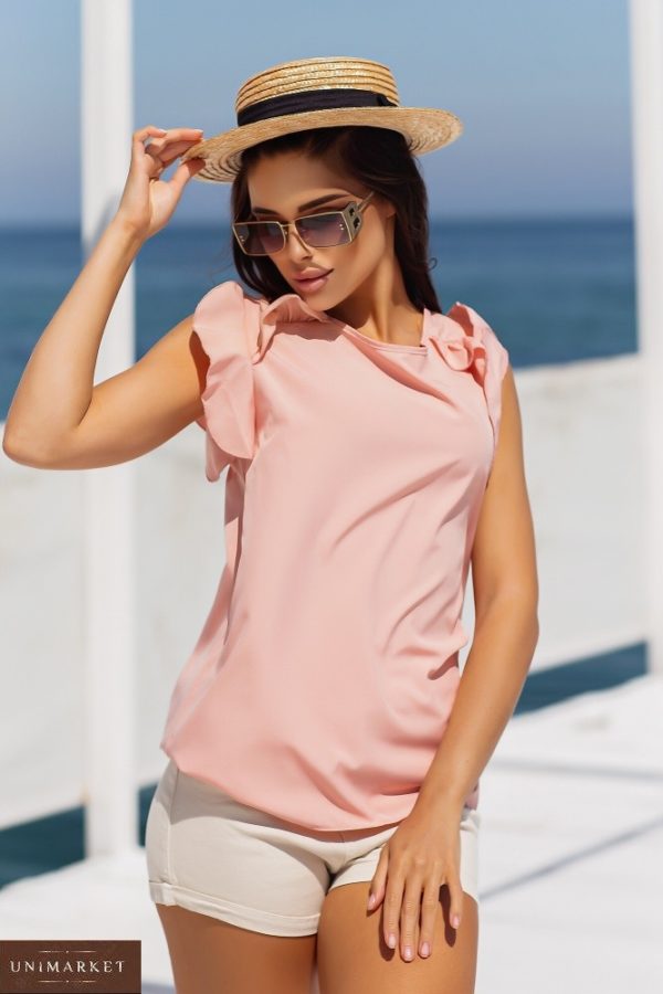 Купити пудра жіночу літню блузку з рюшами (розмір 42-56) недорого