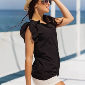 Придбати чорну жіночу літню блузку з рюшами (розмір 42-56) недорого