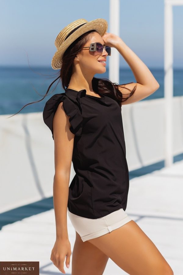 Придбати чорну жіночу літню блузку з рюшами (розмір 42-56) недорого